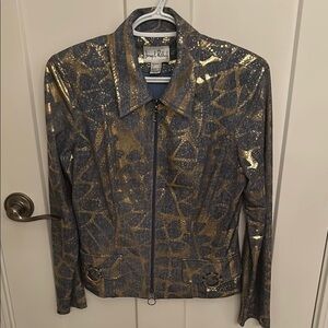 Joseph Ribkoff Gold & Blue Made in Canada zip front statement Jacket, size 10